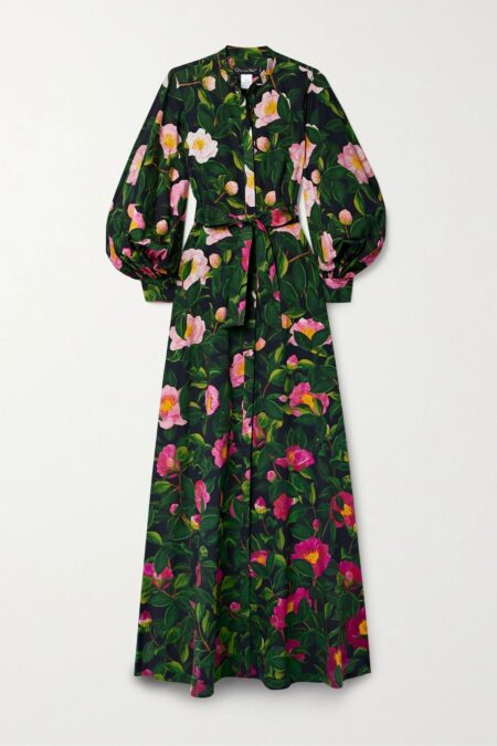   Belted Floral-print Stretch Cotton-poplin Maxi Dress Multi