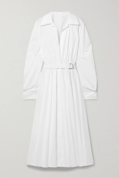   Belted Gathered Poplin Midi Dress White