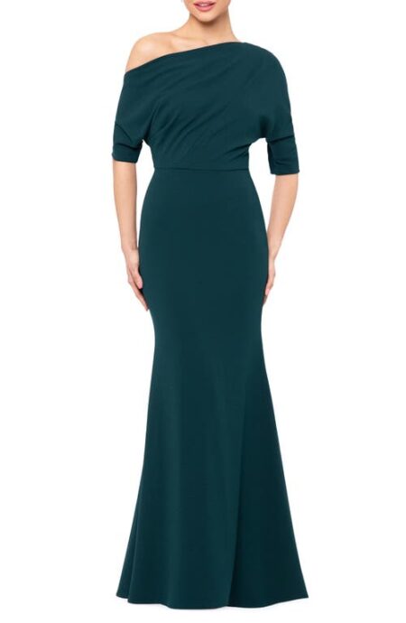 Betsy & Adam One-Shoulder Crepe Scuba Trumpet Gown in Pine at Nordstrom   