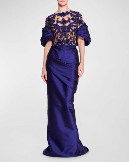 Bird Embroidered Draped Column Gown
