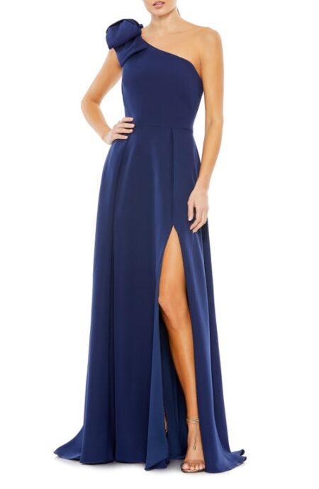 Bow One-Shoulder A-Line Gown in Midnight at Nordstrom   