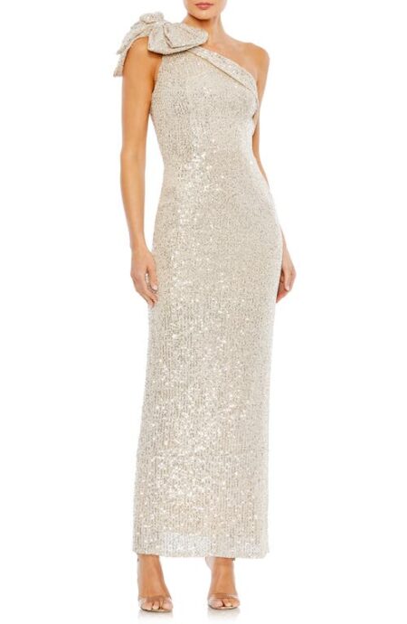  Bow Sequin One-Shoulder Column Gown in Nude at Nordstrom   