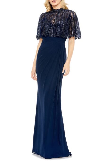  Cape Overlay Trumpet Gown in Navy at Nordstrom   