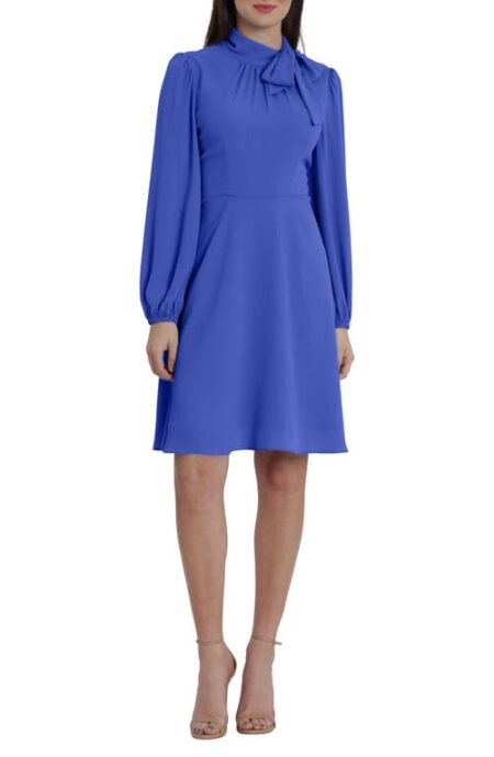  Catalina Tie Neck Long Sleeve Fit & Flare Crepe Dress in Dazzling Blue at Nordstrom   