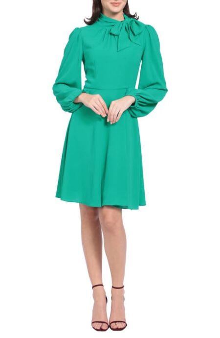  Catalina Tie Neck Long Sleeve Fit & Flare Crepe Dress in Golf Green at Nordstrom   