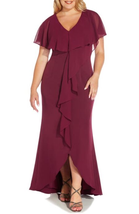  Chiffon Overlay Crepe Mermaid Gown in Bright Burgundy at Nordstrom   W