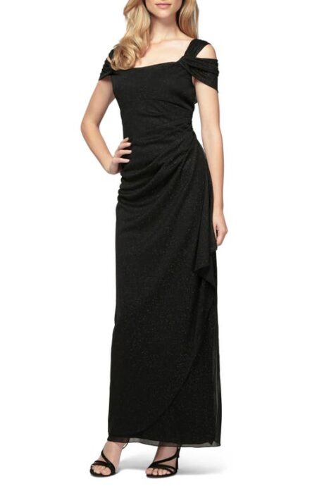 Cold Shoulder Ruffle Glitter Chiffon Gown in Black at Nordstrom   P