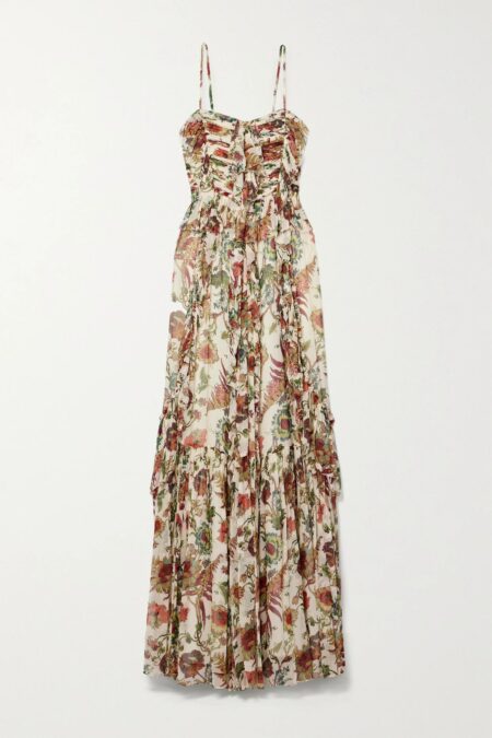   Colette Ruffled Floral-print Silk-crepon Gown Neutrals