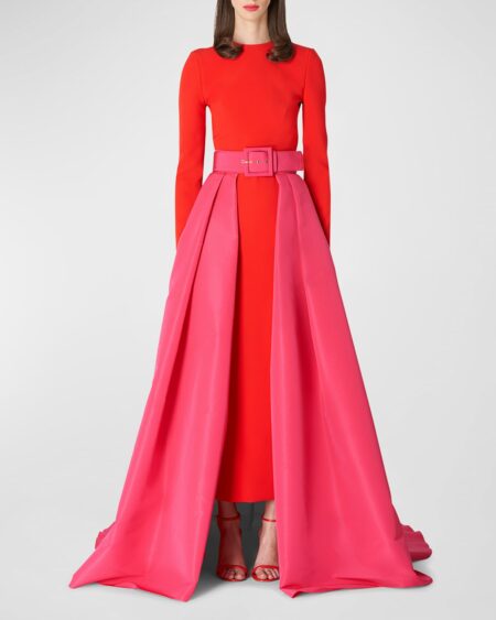 Column Gown with Attached Belted Overskirt