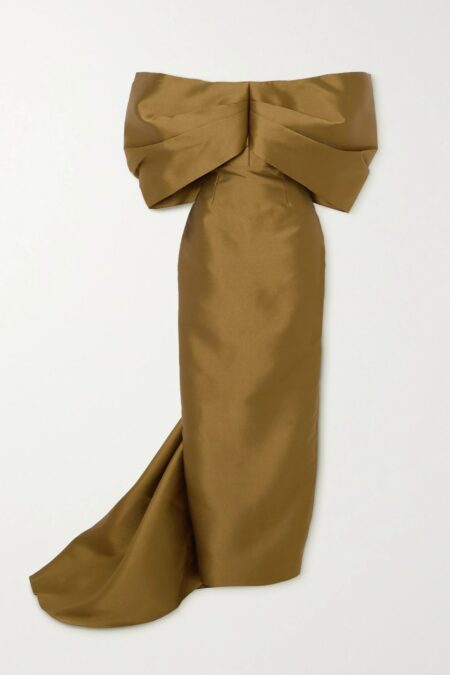   Delphina Off-the-shoulder Draped Metallic Satin-twill Gown Gold