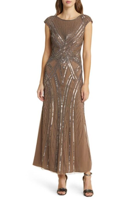  Embellished Cap Sleeve Gown in Mocha at Nordstrom   