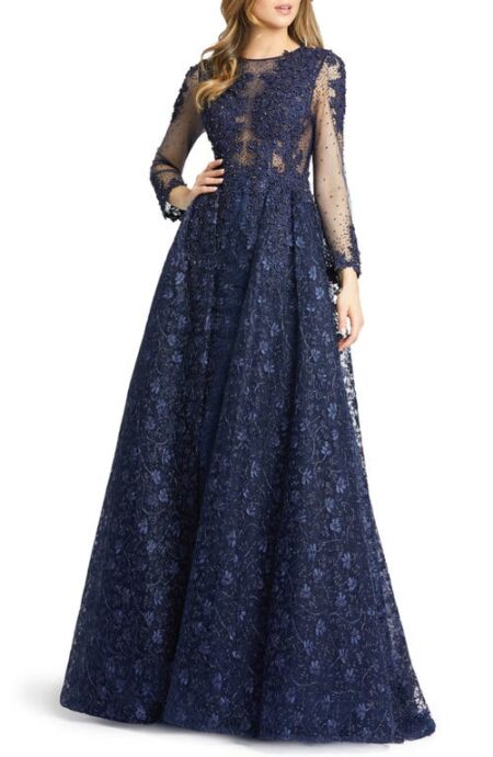  Embellished Lace Long Sleeve Ball Gown in Midnight at Nordstrom   