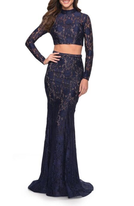  Embellished Lace Two-Piece Gown in Navy at Nordstrom   