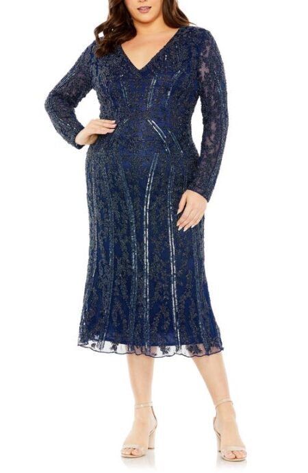  Embellished Long Sleeve Midi Cocktail Dress in Midnight at Nordstrom   W