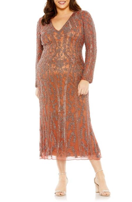  Embellished Long Sleeve Midi Cocktail Dress in Rosewood at Nordstrom   W