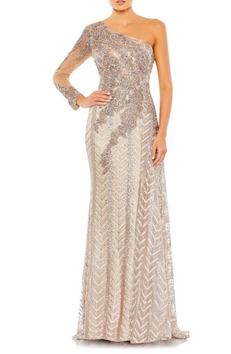  Embellished Long Sleeve One-Shoulder Gown in Taupe at Nordstrom   