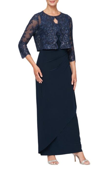  Embroidered Empire Gown with Jacket in Navy at Nordstrom   