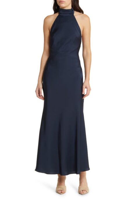  Evianna Halter Neck Satin Trumpet Gown in Navy Nord Exclusive at Nordstrom  Large