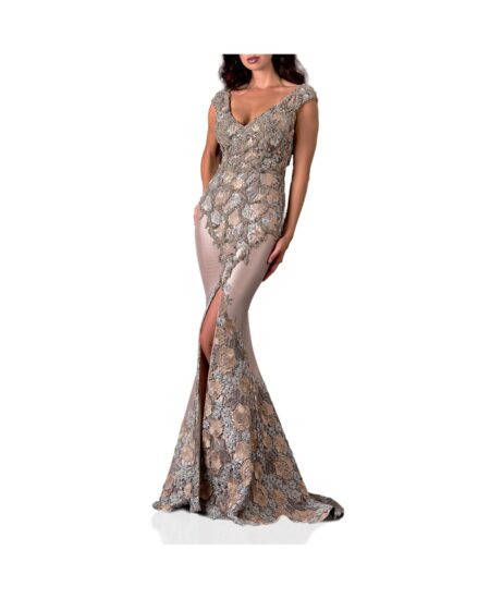  FineBead Embroidery and floral long dress Pewter bronze