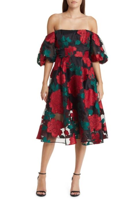  Floral Puff Sleeve Off the Shoulder Dress in Black Combo at Nordstrom   