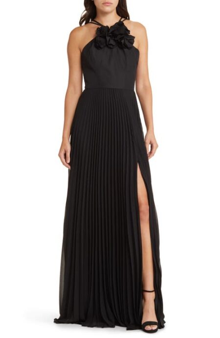  Flower Detail Pleated Gown in Black at Nordstrom   
