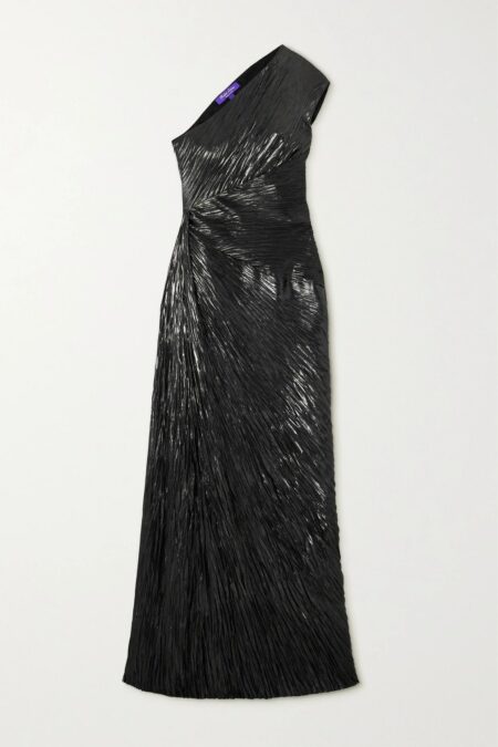   Hadlea One-shoulder Pleated Metallic Silk-plissé Gown Black