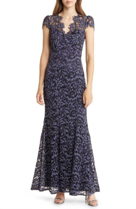  Illusion Cap Sleeve Gown in Navy at Nordstrom   
