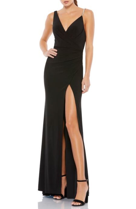  Imitation Pearl Strap Column Gown in Black at Nordstrom   