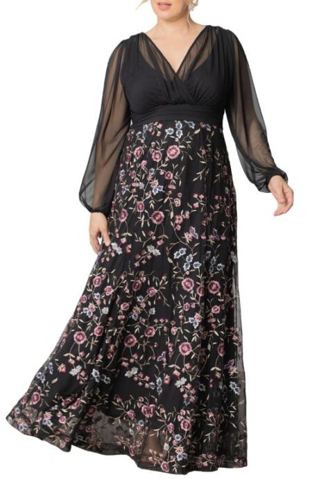  Isabella Embroidered Long Sleeve Gown in Moonlit Garden at Nordstrom   
