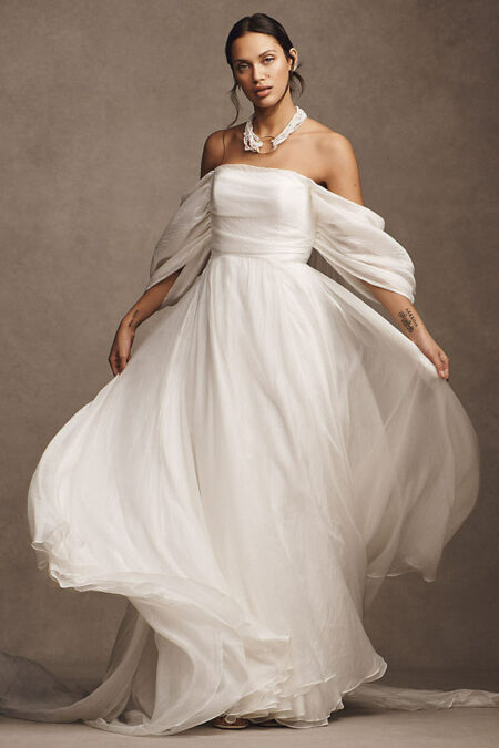 Jenny  Noa Off-The-Shoulder A-Line Chiffon Wedding Gown