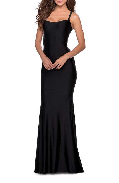 Lace Up Back Jersey Mermaid Gown in Black at Nordstrom