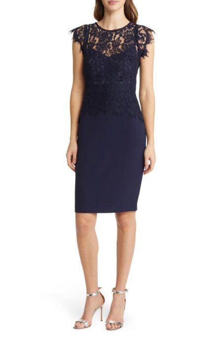 Lace & Stretch Crepe Sheath Dress in Navy at Nordstrom   