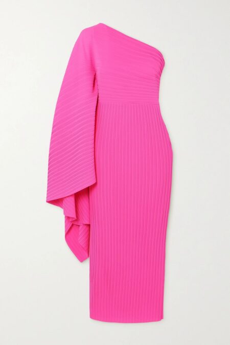   Lenna One-sleeve Draped Plissé-chiffon Midi Dress Pink