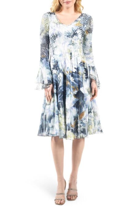  Long Bell Sleeve Charmeuse & Chiffon A-Line Dress in Painted Petal at Nordstrom  Medium