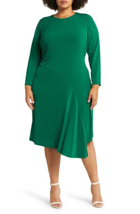  Long Sleeve Asymmetric Hem Jersey Dress in Evergreen at Nordstrom   W