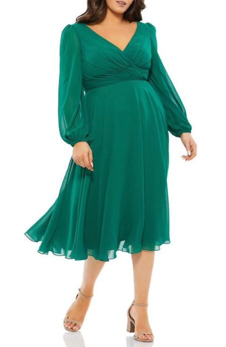  Long Sleeve Chiffon Dress in Emerald at Nordstrom   W
