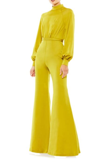 Long Sleeve Flare Leg Satin Jumpsuit in Chartreuse at Nordstrom   