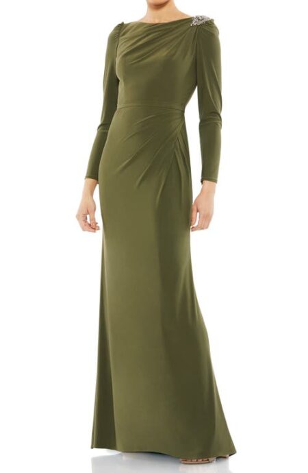  Long Sleeve Jersey Trumpet Gown in Olive at Nordstrom   