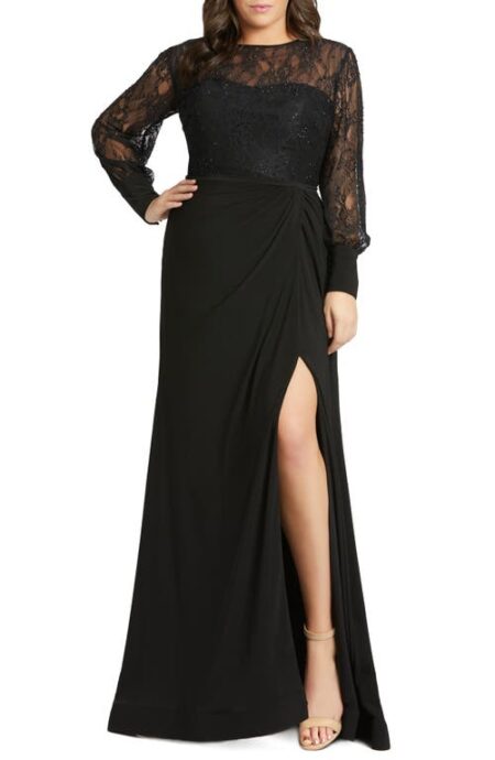  Long Sleeve Lace Illusion Gown in Black at Nordstrom   W