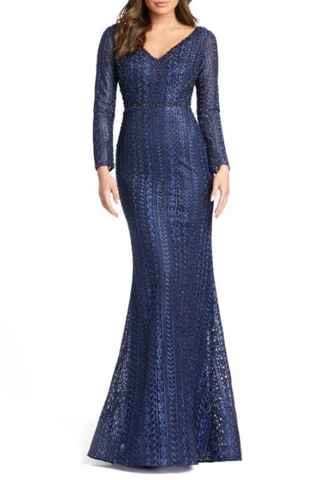 Long Sleeve Lace Trumpet Gown in Midnight at Nordstrom   