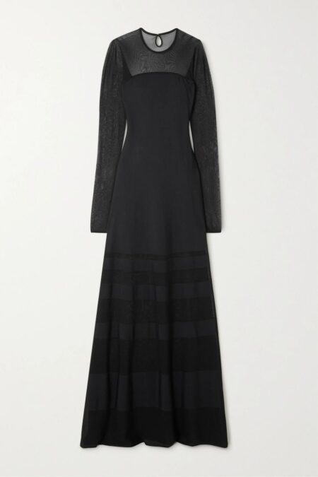   Mesh-paneled Ribbed-knit Gown Black