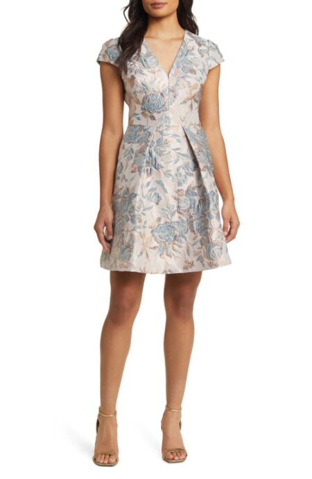  Metallic Jacquard Fit & Flare Dress in Blue at Nordstrom   