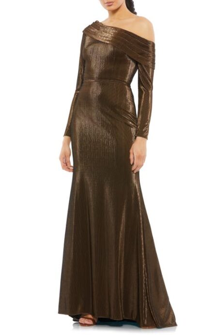  Metallic One-Shoulder Long Sleeve Trumpet Gown in Chocolate at Nordstrom   