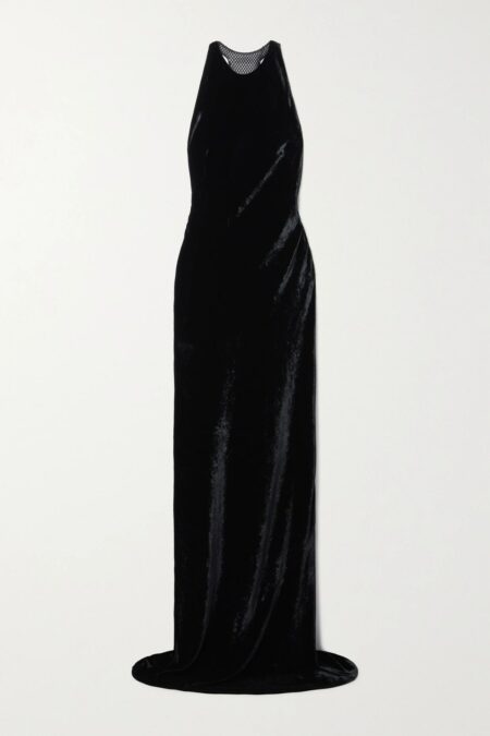   Nadege Embellished Mesh-trimmed Velvet Gown Black