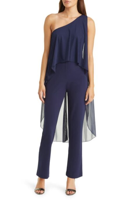  One-Shoulder Chiffon Capelet Jumpsuit in Navy at Nordstrom  X-Large