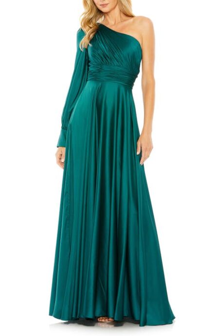  One-Shoulder Long Sleeve Satin Gown in Emerald at Nordstrom   