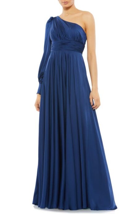  One-Shoulder Long Sleeve Satin Gown in Midnight at Nordstrom   