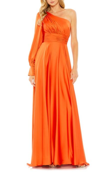  One-Shoulder Long Sleeve Satin Gown in Spice at Nordstrom   