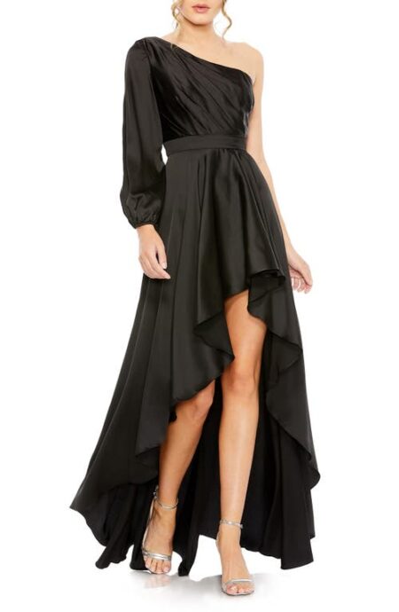  One-Shoulder Long Sleeve Satin High/Low Gown in Black at Nordstrom   