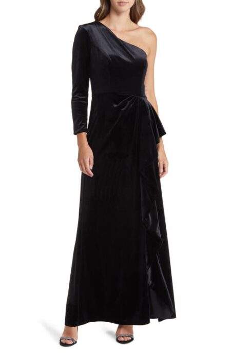  One-Shoulder Single Long Sleeve Velvet Gown in Black at Nordstrom   